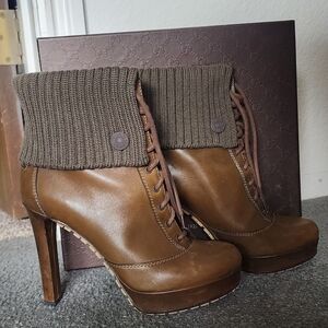 Gucci Tan Leather Heeled Boots with Knit Cuff